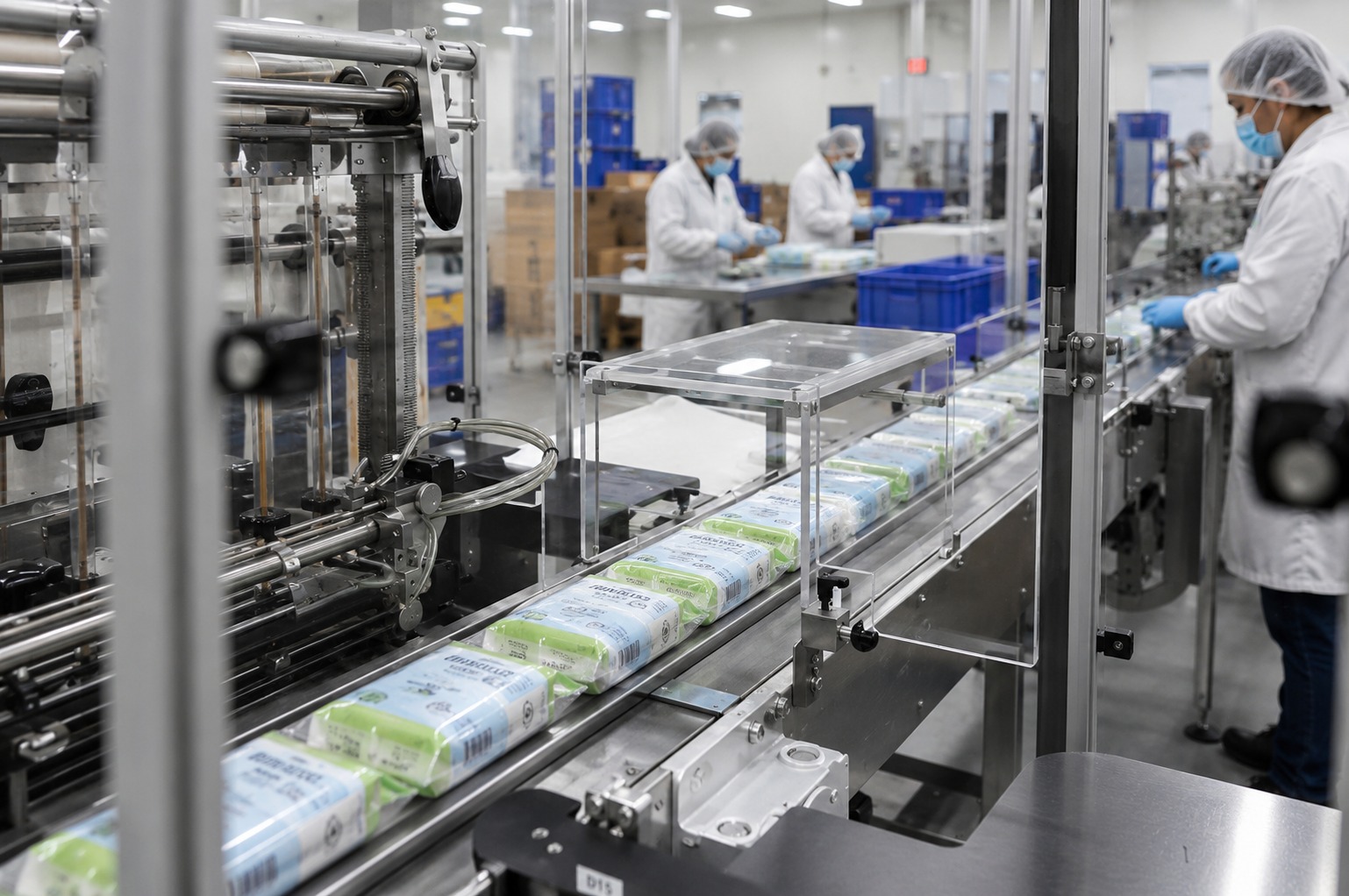 Horizontal flow wrapping production line